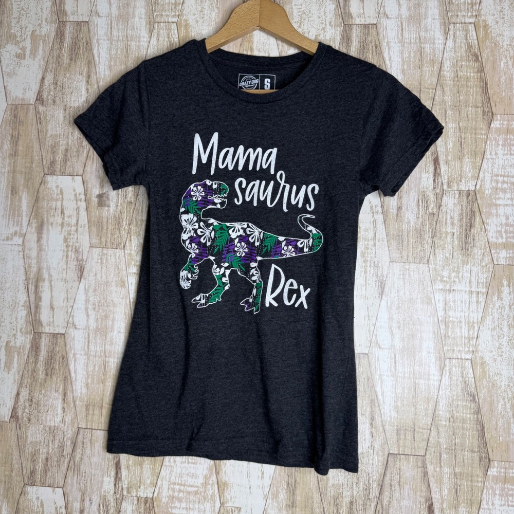 Crazy Dog T-Shirts Mamasaurus Rex Graphic Tee Dark Gray Heather Floral Dino S
